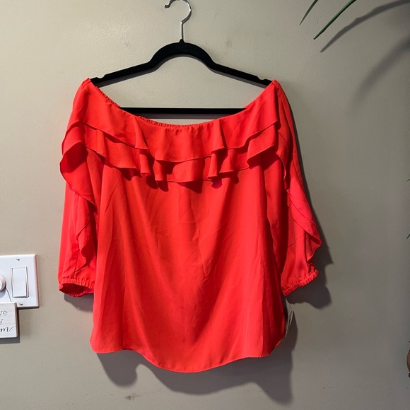 *HOST PICK* NWT INC. International Concepts Bright Coral Red Ruffle Top - Picture 5 of 12